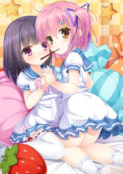  2girls bed_sheet black_hair blue_bow blunt_bangs blush bobby_socks bow candy_hair_ornament checkered_background collarbone commentary_request dress flower_bracelet food food-themed_hair_ornament hair_between_eyes hair_ornament hair_ribbon holding_hands interlocked_fingers kneeling looking_at_viewer looking_back multiple_girls no_shoes on_bed orange_hair original photoshop_(medium) pillow pink_bow pink_eyes pink_hair pocky pocky_kiss polka_dot_pillow puffy_short_sleeves puffy_sleeves purple_ribbon red_ribbon ribbon ribbon-trimmed_legwear ribbon_trim sailor_dress sekine_irie shared_food short_sleeves socks star_(symbol) striped_pillow tareme thighhighs two_side_up white_bow white_dress white_legwear yuri 