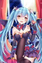  :d absurdres arm_support black_gloves black_thighhighs blood blood_on_face blue_hair breasts brown_eyes chinese_commentary choker chuor_(chuochuoi) cleavage commentary_request cup drinking_glass elbow_gloves female gloves hair_between_eyes hair_ornament hatsune_miku highres holding holding_cup indoors jewelry layered_skirt long_hair looking_at_viewer medium_breasts miniskirt moon open_mouth photoshop_(medium) ring shiny_clothes sitting skirt smile solo sparkle strapless thighhighs twintails vampire very_long_hair vocaloid window wings 