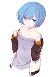  absurdres blue_eyes blue_hair borrowed_clothes breasts cleavage clenched_hands commentary_request cosplay female hair_ornament highres jacket looking_at_viewer medium_breasts natsuki_subaru natsuki_subaru_(cosplay) off-shoulder_shirt off_shoulder photoshop_(medium) re:zero_kara_hajimeru_isekai_seikatsu rem_(re:zero) shirt short_hair simple_background smile solo sylvia_(huajiuhuajiu) track_jacket upper_body white_background x_hair_ornament 