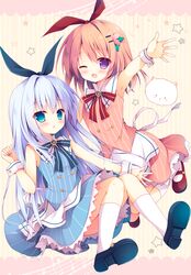  2girls :o ;d angora_rabbit animal apron aqua_eyes arm_up armpits bare_shoulders blue_footwear blue_hair blue_ribbon blue_shirt blue_skirt blush brooch collared_shirt commentary_request flat_chest frilled_skirt frills full_body gochuumon_wa_usagi_desu_ka? hair_ornament hair_ribbon hairclip hoto_cocoa izumiyuhina jewelry kafuu_chino kneehighs knees_together_feet_apart light_blue_hair long_hair looking_at_viewer mary_janes matching_outfits multiple_girls one_eye_closed open_mouth orange_hair pink_shirt pink_skirt purple_eyes rabbit red_footwear red_ribbon ribbon shirt shoe_soles shoes sidelocks skirt sleeveless sleeveless_shirt smile socks star_(symbol) striped_background striped_clothes striped_shirt striped_skirt tippy_(gochiusa) two-tone_background vertical-striped_clothes vertical-striped_shirt vertical-striped_skirt waist_apron white_apron wrist_cuffs 