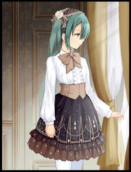  aqua_eyes aqua_hair black_border border brown_ribbon commentary corset cowboy_shot curtains dress female floral_print flower frilled_dress frilled_hairband frilled_skirt frills hair_flower hair_ornament hair_ribbon hairband hatsune_miku highres indoors kari_kenji long_hair looking_to_the_side nail_polish neck_ribbon photoshop_(medium) print_skirt ribbon skirt solo sunlight twintails vocaloid white_legwear 