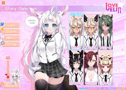  6+girls :d animal_ears antenna_hair asymmetrical_bangs bag bangs beamed_eighth_notes black_bow black_hair black_legwear black_neckwear black_skirt blazer blonde_hair blue_eyes blunt_bangs blush bow bowtie breasts castanic_(tera) cat_ears character_name chibi cleavage closed_mouth collarbone collared_shirt commentary dark_skin deathalice elin_(tera) english expressionless eyebrows_visible_through_hair eyepatch fake_screenshot green_eyes green_hair hair_between_eyes head_wings heart jacket large_breasts long_hair looking_at_viewer multiple_girls musical_note necktie number open_mouth pink_background pleated_skirt pointy_ears red_eyes school_bag school_uniform shirt short_hair silhouette silver_hair sitting skirt smile speech_bubble tera_online thighhighs very_long_hair white_shirt wing_collar 