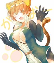  animal_ears asymmetrical_gloves black_gloves blush breasts brown_eyes claw_pose cleavage collarbone commentary_request cosplay david_(fate) david_(fate)_(cosplay) detached_sleeves elbow_gloves fate/grand_order fate_(series) female fujimura_taiga gloves high_collar highres jaguar_ears jaguar_tail jaguarman_(fate) large_breasts light_brown_hair long_sleeves looking_at_viewer oerba_yun_fang one_eye_closed open_mouth orange_hair saijou_haruki short_hair tail uneven_gloves upper_body 