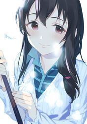  akiyoshi_haru black_hair blush commentary_request female fujiwara_hajime idolmaster idolmaster_cinderella_girls long_hair looking_at_viewer pink_eyes smile solo 