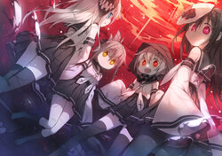  4girls :d abyssal_ship akatsuki_(kancolle) bare_shoulders black_hair black_pantyhose black_sailor_collar black_skirt black_thighhighs blue_eyes colored_skin commentary_request dark_persona detached_sleeves folded_ponytail fred04142 glowing glowing_eyes hair_between_eyes hibiki_(kancolle) hood ikazuchi_(kancolle) inazuma_(kancolle) kantai_collection long_hair multiple_girls oerba_yun_fang open_mouth pantyhose photoshop_(medium) pleated_skirt purple_eyes red_eyes sailor_collar sailor_shirt shaded_face shirt short_hair skirt sleeves_past_wrists smile thighhighs white_hair white_shirt white_skin wide_sleeves yellow_eyes 