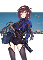  android bag blush brown_hair commentary_request duffel_bag echj female garter_straps girls&#039;_frontline gun hairband highres joints long_hair looking_at_viewer magpul mechanical_arms one_eye_closed red_eyes robot_joints single_mechanical_arm solo submachine_gun thighhighs type_79_(girls&#039;_frontline) type_79_smg weapon 