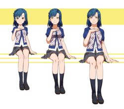  age_progression blue_hair blush braid commentary comparison female idolmaster idolmaster_million_live! looking_at_viewer mishio nanao_yuriko protected_link short_hair sitting skirt smile yellow_eyes 