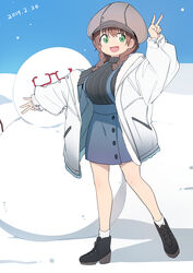  :d boots braid breasts brown_hair bural_chingu cabbie_hat coat commentary dated denim denim_skirt female full_body glasses green_eyes hair_between_eyes ham_na-bi hat highres korean_commentary large_breasts long_hair looking_at_viewer luke_(dydansgur) open_mouth red-framed_eyewear ribbed_sweater skirt smile snow snowman solo suspender_skirt suspenders sweater twin_braids v v-shaped_eyebrows 