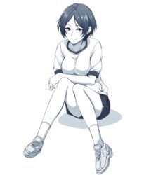  blush breasts commentary_request female full_body greyscale gym_shorts gym_uniform hagane_soushi hayami_kanade idolmaster idolmaster_cinderella_girls looking_at_viewer medium_breasts monochrome open_mouth parted_bangs shoes short_hair shorts sitting smile sneakers socks solo 