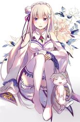  bad_id bad_pixiv_id bare_shoulders blush braid breasts crown_braid detached_sleeves dress emilia_(re:zero) female floral_background flower gem hair_flower hair_ornament hair_ribbon highres light_purple_hair long_hair looking_at_viewer medium_breasts miniskirt pleated_skirt pointy_ears puck_(re:zero) purple_eyes purple_ribbon re:zero_kara_hajimeru_isekai_seikatsu ribbon sitting skirt smile thighhighs white_dress white_legwear x_hair_ornament yokoyama 