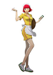  apron blunt_bangs breasts catherine_(game) cleavage earrings erica_anderson female full_body gimp_(medium) holding holding_pen jewelry medium_breasts mole mole_under_mouth no_socks official_art pantyhose pen red_hair shoes short_hair simple_background smile sneakers soejima_shigenori solo standing standing_on_one_leg waist_apron waitress white_background 