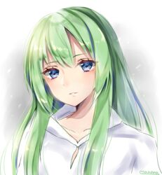  1boy androgynous artist_name blue_eyes collarbone commentary_request enkidu_(fate) fate/strange_fake fate_(series) green_hair highres long_hair male_focus manana_(matoi1111) otoko_no_ko parted_lips portrait shirt solo white_shirt 