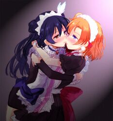  2girls apron bad_id bad_pixiv_id blue_eyes blue_hair blush detached_sleeves dress duplicate earrings eye_contact hug imminent_kiss jewelry kosaka_honoka long_hair looking_at_another love_live! love_live!_school_idol_project maid maid_headdress mogyutto_&quot;love&quot;_de_sekkin_chuu! multiple_girls mutual_hug nagiriku912 one_side_up orange_hair pixel-perfect_duplicate ribbon short_dress short_hair sonoda_umi yellow_eyes yuri 