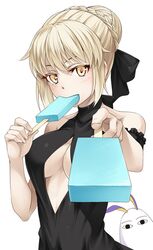  &lt;o&gt;_&lt;o&gt; 2girls animal_ears artoria_pendragon_(alter_swimsuit_rider)_(fate) artoria_pendragon_(alter_swimsuit_rider)_(first_ascension)_(fate) artoria_pendragon_(fate) bare_shoulders black_dress blonde_hair blush braid breasts center_opening commentary_request cosplay dress eating fate/grand_order fate_(series) feeding food foreshortening french_braid hair_ribbon incoming_food jackal_ears jitome looking_at_viewer medium_breasts medjed_(fate) medjed_(fate)_(cosplay) mukunokino_isshiki multiple_girls nitocris_(fate) nitocris_(swimsuit_assassin)_(fate) official_alternate_costume popsicle ribbon simple_background sleeveless sleeveless_dress sleeveless_turtleneck turtleneck upper_body white_background yellow_eyes 