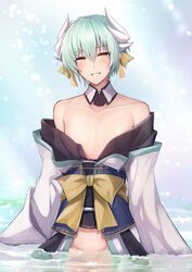  androgynous bad_id bad_twitter_id blush fate/grand_order fate_(series) genderswap_(ftm) gold_trim green_hair horns japanese_clothes kimono kiyohime_(fate/grand_order) kiyohime_(swimsuit_lancer)_(fate) looking_at_viewer male_focus no_pants rule_63 shijiu_(adamhutt) smile solo water yellow_eyes 