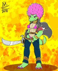  afro barefoot belt bikini bikini_pirate brass_choker chaps clothing crocodilian donkey_kong_(series) ear_piercing feet female hair hi_res kalypso kremling makeup meatboom melee_weapon nintendo piercing pink_hair reptile scalie solo swimwear sword weapon 