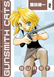  :d aiming artist_name black_skirt blonde_hair blue_background blue_eyes blunt_ends bob_cut brown_theme checkered_background collared_shirt copyright_name cover cover_page crotch_seam english_text eyelashes female foot_out_of_frame green_eyes grey_pantyhose gun gunsmith_cats highres holding holding_gun holding_weapon looking_at_viewer manga_cover minnie_may_hopkins mixed-language_text numbered official_art open_mouth panties panties_under_pantyhose pantyhose pantyshot pencil_skirt red_footwear rifle romaji_text shirt shoes short_hair short_sleeves skirt smile solo sonoda_ken&#039;ichi squatting suspender_skirt suspenders title translated trigger_discipline two-handed underwear upskirt weapon weapon_request white_panties white_shirt 