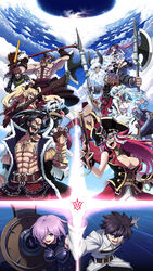  6+boys 6+girls absurdres animal animal_on_head anne_bonny_(fate) artemis_(fate) asterios_(fate) axe battle battle_axe beard chaldea_uniform command_spell commentary_request cutlass dual_wielding edward_teach_(fate) energy_arrow eric_bloodaxe_(fate) euryale_(fate) facial_hair fate/grand_order fate_(series) francis_drake_(fate) fujimaru_ritsuka_(male) great_(cyclops) group_battle gun halberd hat hector_(fate) highres holding horns jewelry lord_camelot_(fate) mary_read_(fate) mash_kyrielight multiple_boys multiple_girls on_head opposing_sides orion_(bear)_(fate) photoshop_(medium) pirate_hat polearm rifle scar sky spear vs weapon 