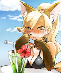  2017 5:6 alternative_fashion anthro beverage bikini bikini_top blonde_hair blue_sky blush breasts brown_body brown_fur bust_portrait canid canine cleavage clothed clothing cloud countershading eyebrow_through_hair eyebrows eyelashes female flower fox fox&#039;s_sister_(kinokoningen) front_view fur gloves_(marking) gyaru hair hair_over_eye hi_res hibiscus inner_ear_fluff j-fashion kemono kinokoningen mammal markings one_eye_obstructed orange_body orange_eyes orange_fur outside plant ponytail portrait pupils signature sky slit_pupils solo swimwear translucent translucent_hair tuft yellow_eyes 