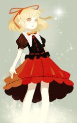  :o bad_id bad_pixiv_id blonde_hair bow bowtie dress_shirt female glitter grey_background hair_ribbon medicine_melancholy no_nose pale_skin puffy_short_sleeves puffy_sleeves red_skirt ribbon shirt short_hair short_sleeves skirt skirt_set sn2562 solo sparkle touhou yellow_eyes 