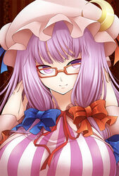  bespectacled breasts commentary crescent crescent_hat_ornament der_junge female glasses hat hat_ornament huge_breasts long_hair patchouli_knowledge purple_eyes purple_hair solo touhou 