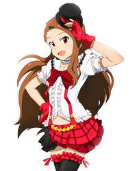  bokura_wa_ima_no_naka_de brown_hair commentary_request cosplay female fingerless_gloves frills gloves half-skirt hat idolmaster idolmaster_(classic) long_hair love_live! love_live!_school_idol_project minase_iori nishikino_maki nishikino_maki_(cosplay) photoshop_(medium) pori88 red_eyes thighhighs top_hat 