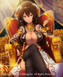  armlet black_thighhighs bracelet breasts brown_hair chair cleavage commentary_request crossed_legs dagger dark-skinned_female dark_skin dated earrings female glint gold hair_between_eyes jewelry knife large_breasts long_hair lord_of_knights necklace orange_eyes photoshop_(medium) pyz_(cath_x_tech) sitting solo tattoo thighhighs treasure watermark weapon 