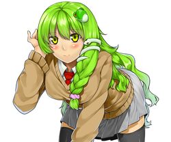  alternate_costume bad_id bad_pixiv_id bent_over black_thighhighs blush braid breasts cardigan female frog_hair_ornament green_hair hair_ornament harumaki-0327 highres kochiya_sanae large_breasts long_hair necktie pleated_skirt school_uniform skirt smile snake solo sweater thighhighs touhou yellow_eyes 