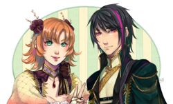  1boy aristocratic_clothes black_hair commentary_request female fingerless_gloves flower gloves green_eyes grin hair_flower hair_ornament jewelry kairiwhisper lie_ren multicolored_hair necklace nora_valkyrie orange_hair purple_eyes rwby simple_background smile tongue tongue_out two-tone_hair v 