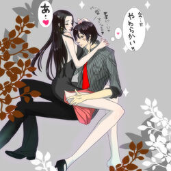  1boy black_hair black_pants black_shoes boa_hancock couple dress earrings female formal heart high_heels hug jewelry long_hair monkey_d_luffy necktie on_lap one_piece pairing pants red_necktie scar shirt shoes sitting straight straight striped striped_shirt 