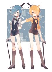  2boys animification bad_id bad_pixiv_id bandages bandaid bandaid_on_face bill_cipher blonde_hair blood blue_eyes blue_hair bow bowtie commentary_request dual_persona earrings gloves gravity_falls hair_over_one_eye hairbow hat jewelry kuiko_(1748965794) male_focus multiple_boys personification ponytail reverse_falls_(gravity_falls) shirt shorts sleeves_rolled_up top_hat vest white_gloves yellow_eyes yellow_shirt 