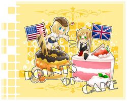  2girls america_(hetalia) american_flag axis_powers_hetalia blonde_hair blue_eyes british_flag cake donut doughnut english flag food fruit glasses green_eyes heart multiple_girls rule_63 strawberry tea twintails union_jack united_kingdom_(hetalia) 