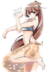  absurdres aqua_bikini barefoot bikini brown_hair clenched_hand commentary_request cross-body_stretch dated female from_side grey_eyes hair_ribbon highres kantai_collection kazagumo_(kancolle) kazagumo_(swimsuit_mode)_(kancolle) kazu_(really_in_hot_water_now) long_hair ponytail ribbon sarong simple_background solo standing standing_on_one_leg stretching striped_bikini striped_clothes swimsuit tsurime twitter_username white_background 