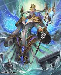  claws closed_mouth commentary_request covered_eyes fins gem hat highres holding holding_staff horns long_hair long_sleeves lord_of_knights magic monster nakamura_eight no_humans official_art photoshop_(medium) robe solo staff water watermark wide_sleeves 