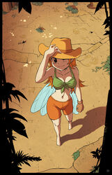  bare_shoulders barefoot bikini bikini_top_only border commentary english_commentary fairy fairy_wings felarya female from_above front-tie_top gloves hand_on_headwear hat hat_over_one_eye karbo long_hair midriff navel one_eye_closed one_eye_covered orange_hair orange_shorts photoshop_(medium) shadow shorts single_glove smile solo subeta swimsuit wings 