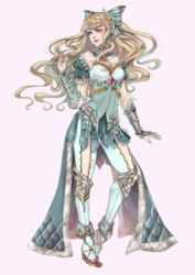  blonde_hair blue_eyes charlotte_(fire_emblem) commentary_request commission dress female fire_emblem fire_emblem_fates full_body high_heels jewelry kairiwhisper long_hair necklace simple_background smile solo wavy_hair 