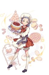  apron black_footwear bloomers bow braid cake cannoli charlotte_cake chef chef_hat coffee_beans cookie cream_puff croquembouche crown dessert female food fruit full_body green_eyes hair_bun hair_slicked_back hat highres holding holding_cake holding_food legs_apart looking_at_viewer macaron mini_crown muffin neckerchief nikki_quinnell official_art patissier pie plate princess_principal princess_principal_game_of_mission purple_hair red_neckerchief red_skirt scone shirt shoes single_hair_bun skirt smile standing strawberry swiss_roll tart_(food) tiered_tray transparent_background underwear waffle waist_bow white_legwear white_shirt 