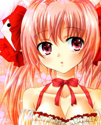  :o bare_shoulders bow breasts choker cleavage commentary_request di_gi_charat dice_hair_ornament female hair_ornament hairbow looking_away medium_breasts partial_commentary pink_eyes pink_hair pink_theme ribbon_choker sachiko solo upper_body usada_hikaru 