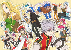  6+boys 6+girls anais_del_caril beret black_hair blonde_hair blue_eyes boris_jinneman cloe_da_pontina commentary_request glasses gloves grey_eyes grey_hair hat instrument_case ispin_charles joshua_von_arnim lanziee_rozen_kranz long_hair lucian_kaltz maximin_liebkne mila_nebraska multiple_boys multiple_girls nayatrei photoshop_(medium) ponytail red_eyes red_hair shokill short_hair sivelin_uuo sword tales_weaver tichiel_juspian weapon 