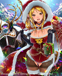  :d ass_visible_through_thighs black_gloves black_pantyhose blonde_hair breasts breath brown_eyes choker christmas cleavage cloak commentary_request crotchless crotchless_pantyhose dated elbow_gloves female fur_trim gift gloves hood hooded_cloak large_breasts lord_of_knights open_mouth pantyhose photoshop_(medium) pyz_(cath_x_tech) red_legwear reindeer sack santa_costume smile snowflakes snowing solo sunlight thighband_pantyhose thighhighs torn_clothes torn_pantyhose watermark 