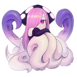  bad_link black_gloves blush closed_mouth commission crossed_arms dress elbow_gloves female full_body gloves hair_over_one_eye highres hugging_own_legs kraken_(monster_girl_encyclopedia) lolicon long_hair looking_at_viewer monster_girl monster_girl_encyclopedia pink_eyes pink_hair purple_dress purple_gloves scylla second-party_source simple_background sitting smile solo sookmo suction_cups tentacle white_background 