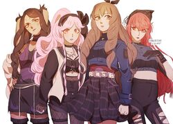  4girls animal_ears blush braid breasts commentary_request cordelia_(fire_emblem) darkgreyclouds fire_emblem fire_emblem_awakening gloves hairband long_hair looking_at_viewer multiple_girls olivia_(fire_emblem) panne_(fire_emblem) pink_hair ponytail punk rabbit_ears red_hair sumia_(fire_emblem) twin_braids 