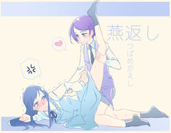  anger_vein arm_grab blue_hair blush dokidoki!_precure dress heart hishikawa_rikka kenzaki_makoto leg_up long_hair multiple_girls necktie negom precure purple_hair short_hair smile socks translation_request tribadism yuri 