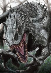  claws colored_skin commentary_request dinosaur indominus_rex jurassic_park jurassic_world no_humans open_mouth red_eyes saliva scales sharp_teeth solo spikes teeth tyrannosaurus wasugabakuhatu white_skin 