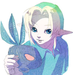  1boy blonde_hair blue_eyes commentary_request deku_mask hat holding holding_mask link looking_at_viewer male_focus mask mutti_(stamm) pointy_ears short_hair solo the_legend_of_zelda the_legend_of_zelda:_majora&#039;s_mask upper_body 