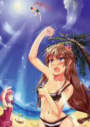  1boy 2girls absurdres akai_ringo_(ookami-san) anger_vein angry beach bikini blood blush brown_eyes brown_hair clenched_hand cloud commentary_request day fisheye flat_chest g.h_(gogetsu) hair_ornament hairclip highres light_rays long_hair male_swimwear morino_ryoushi multiple_girls nosebleed one-piece_swimsuit ookami-san ookami_ryouko outdoors palm_tree parasol punching raised_fist sky strap_slip sun sunbeam sunlight swim_trunks swimsuit teeth tree umbrella uppercut water 