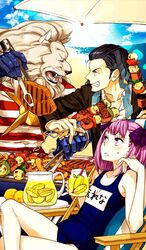  2boys bow fate/grand_order fate_(series) female food fruit furry furry_male helena_blavatsky_(fate) hoshino_lily kebab lemon lemonade lion_boy lion_hair multiple_boys name_tag nikola_tesla_(fate) nikola_tesla_(meat_wars)_(fate) official_art old_school_swimsuit one-piece_swimsuit pink_hair school_swimsuit skewer steak swimsuit thomas_edison_(fate) thomas_edison_(meat_wars)_(fate) 