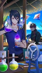  2boys animal animal_on_shoulder bad_food bendy_straw black_hair blue_sky brown_hair clenched_teeth closed_mouth cloud collar cork counter crank crazy_straw cup day disposable_cup drink drinking_glass drinking_straw eyewear_on_head facial_hair fate/grand_order fate/prototype fate/prototype:_fragments_of_blue_and_silver fate_(series) flask food fou_(fate) fruit goatee grimace hair_ornament hair_over_one_eye hairclip hawaiian_shirt hector_(fate) hector_(void_dust_shaved_ice)_(fate) holding holding_drinking_straw hut ice_cream_cup ice_shaver jpeg_artifacts kooribata lemon lemon_slice light_smile machine male_focus multiple_boys nakahara_(mu_tation) ocean official_art paracelsus_(fate) paracelsus_(void_dust_shaved_ice)_(fate) potion pouring round-bottom_flask shaved_ice shirt sitting sky spoon_straw standing sunglasses sweatdrop swept_bangs t-shirt teeth water 