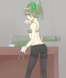  ass back bra commentary_request dimples_of_venus female flat_chest from_behind gloves green_bra green_panties holding holding_screwdriver kantai_collection lace lace-trimmed_panties lace_trim looking_at_viewer looking_back panties panties_under_pantyhose pantyhose ponytail ribbon screwdriver solo standing table thighband_pantyhose underwear underwear_only working yuubari_(kancolle) yuugremusi 