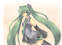  bad_id bad_pixiv_id detached_sleeves female green_eyes green_hair hatsune_miku kus long_hair necktie skirt smile solo thighhighs twintails very_long_hair vocaloid 